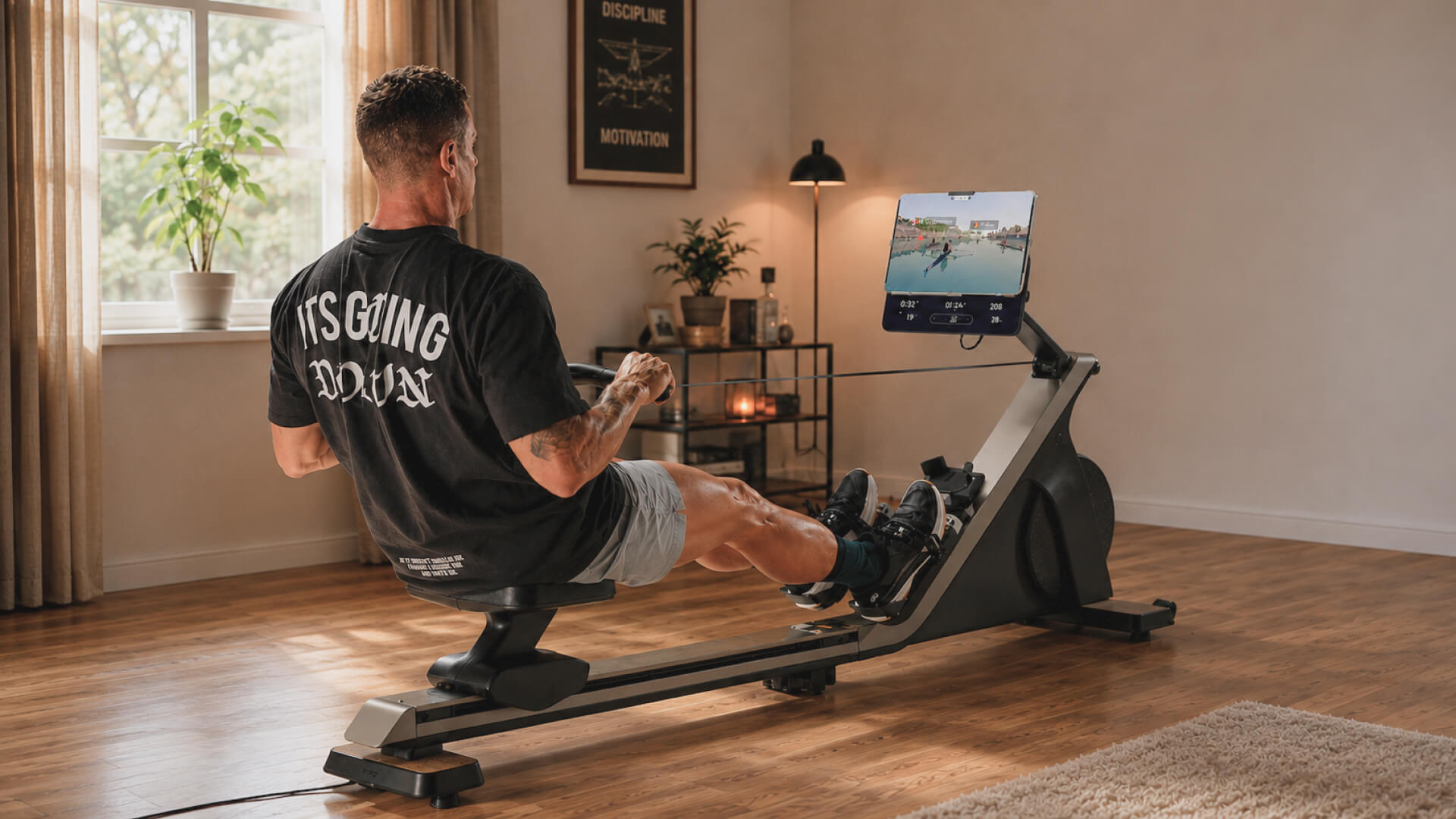 Man rowing on a Domyos Training Rower 900 with the EXR app.