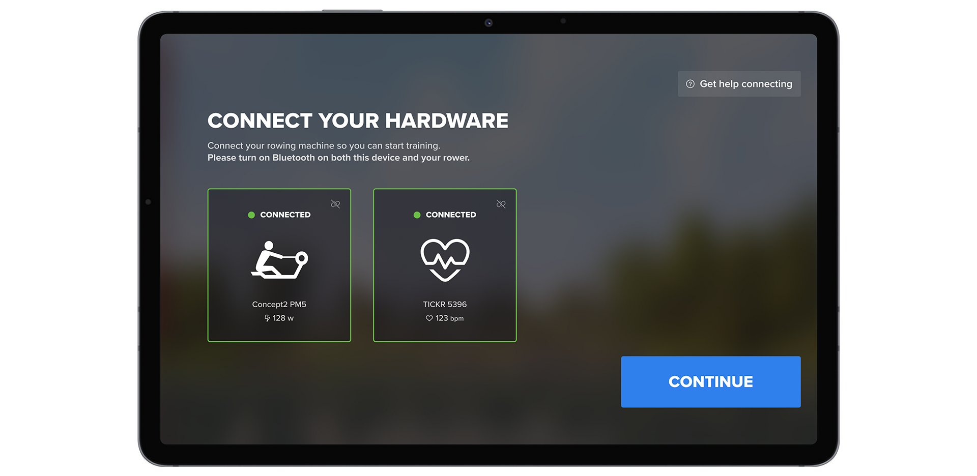 The updated connection screen in the EXR app