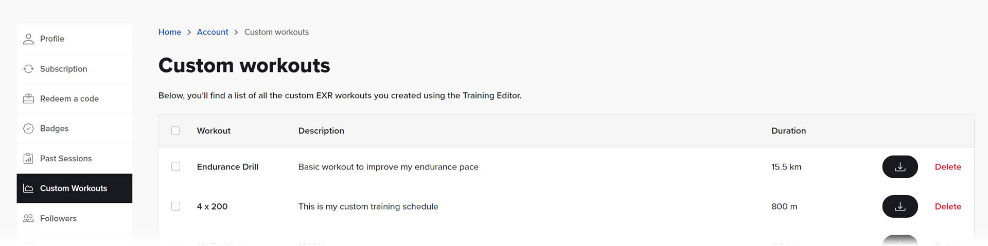Download and upload custom EXR workouts using your web profile.