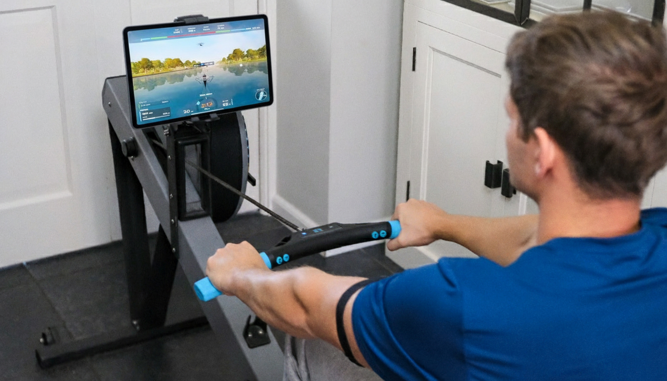 Man training on a rowing machine with the SmartRow Power Handle and EXR.