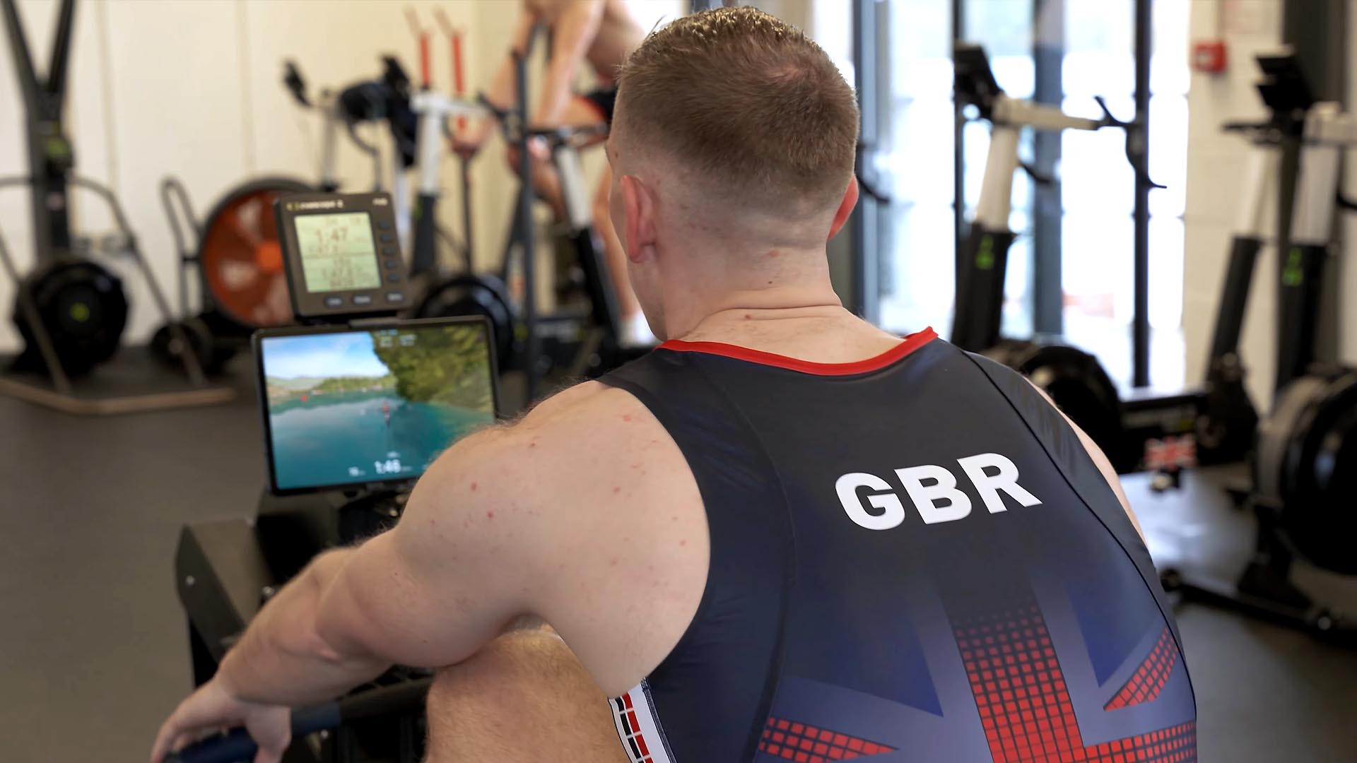Matthew Haywood using EXR in the British Rowing gym to train on the indoor rowing machine.