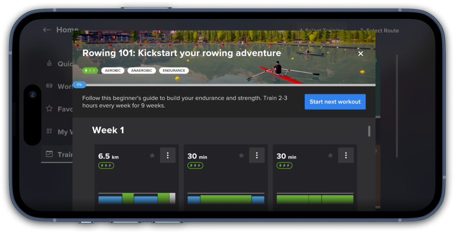 An advanced beginner’s indoor rowing plan spanning 9 weeks.