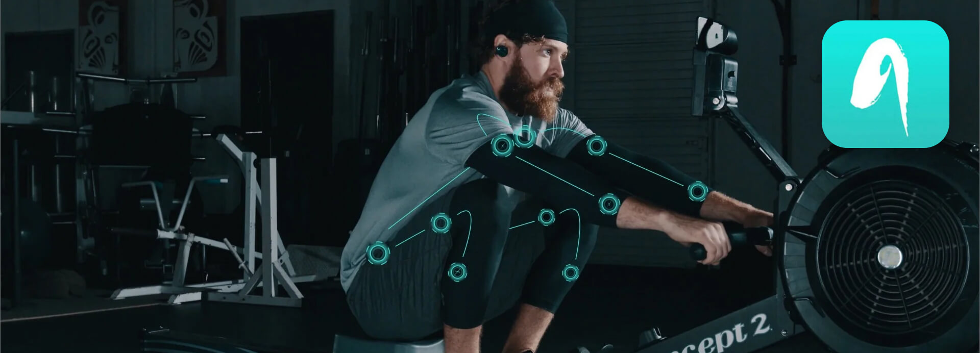 Rower training on a Concept2 rowing machine with asensei coaching technology highlighting rowing technique