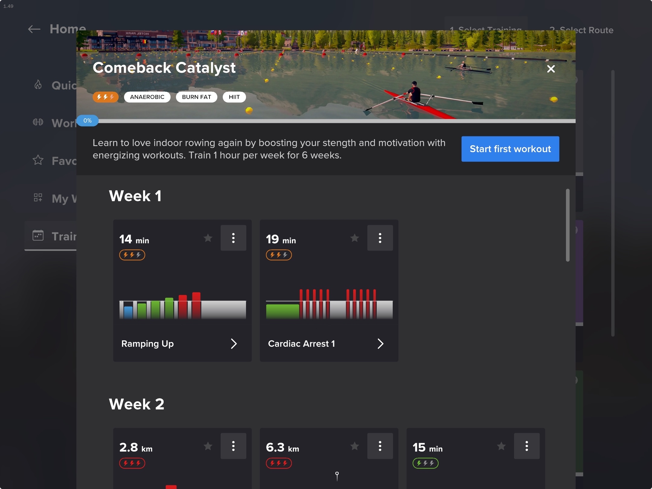 Overview of the Comeback Catalyst training plan in the EXR indoor rowing app.