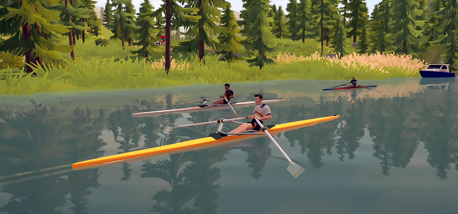 Image of 3 men rowing together