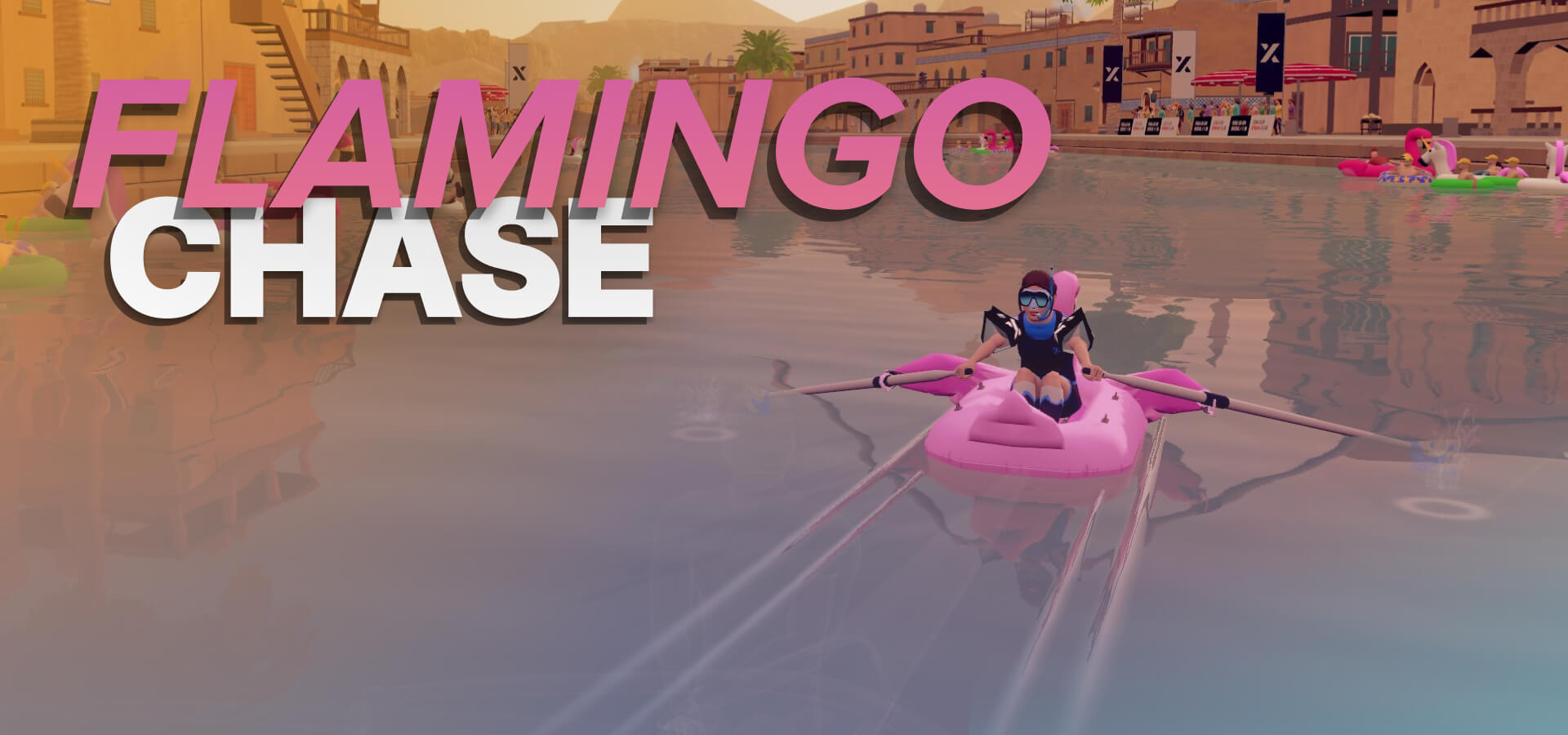 Promotional banner for the EXR Flamingo Chase Community Row event, featuring a vibrant pink flamingo in a tropical summer setting with rowers on the water. The banner highlights the special community event taking place during the Summer Challenge on July 25, inviting players to row together and catch the flamingo to unlock exclusive seasonal rewards.