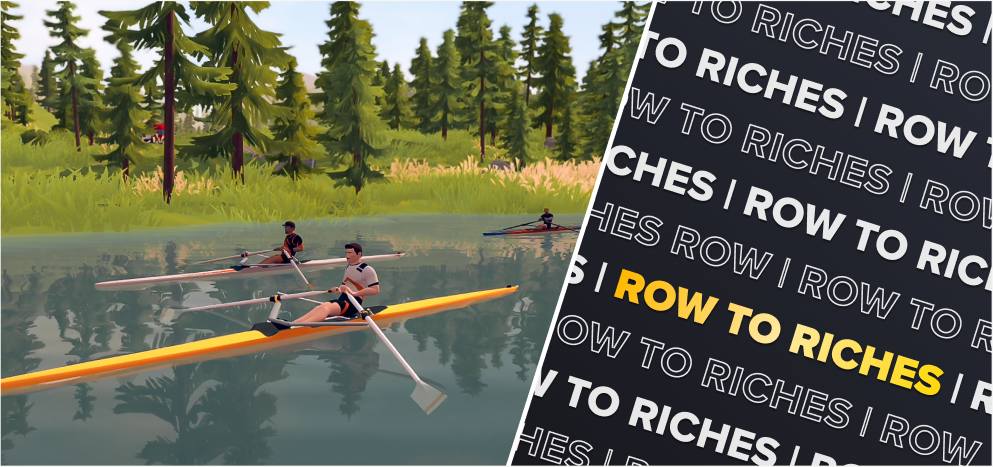 avatar rowing with other avatars on virtual waters with row to riches announcement