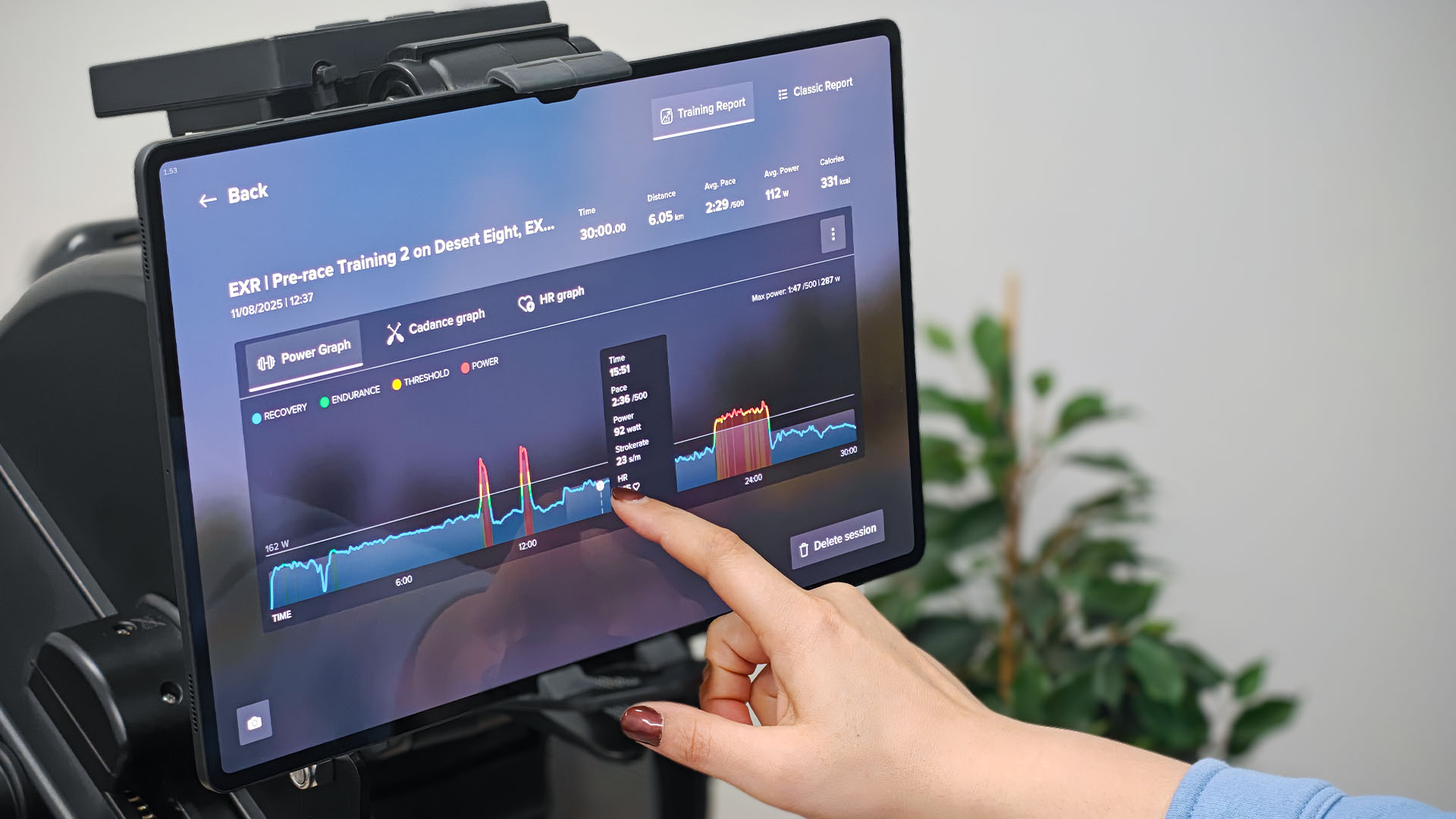 The new reportscreen in the EXR rowing app