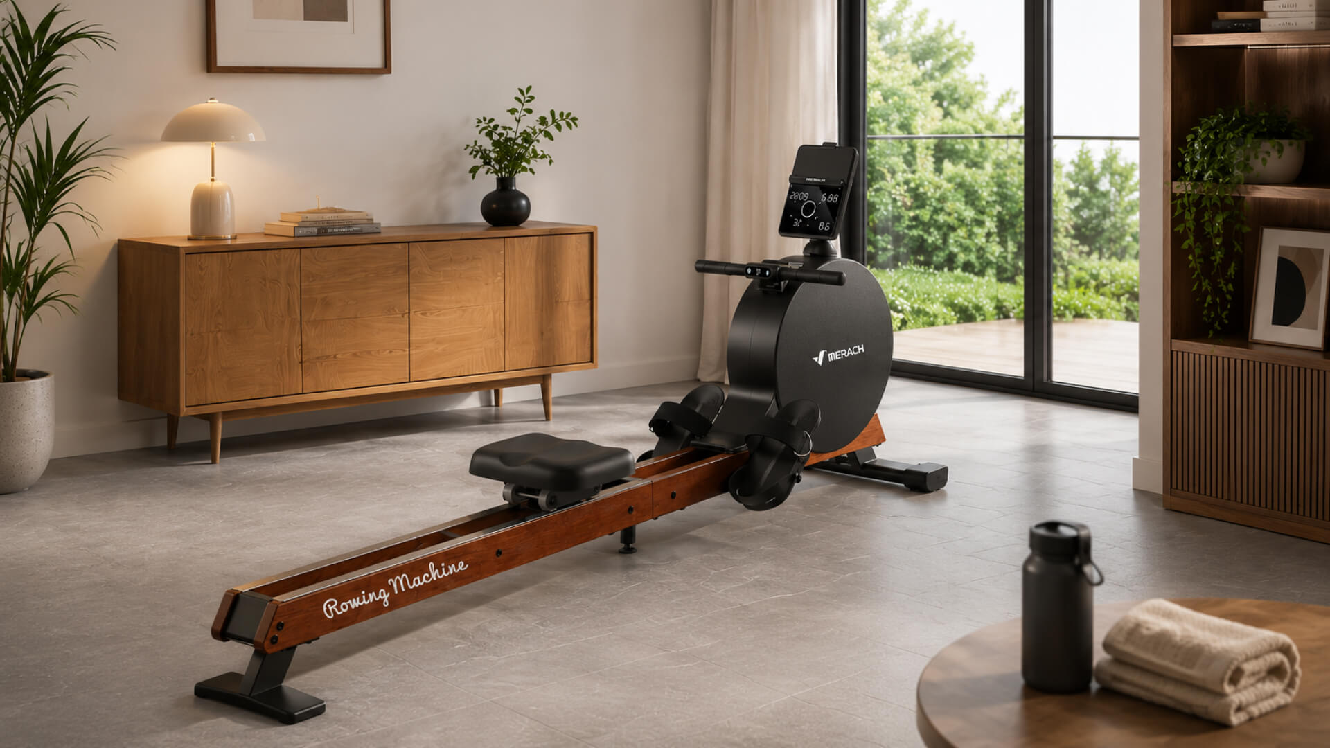 Image of a magnetic Merach rower in a home setting