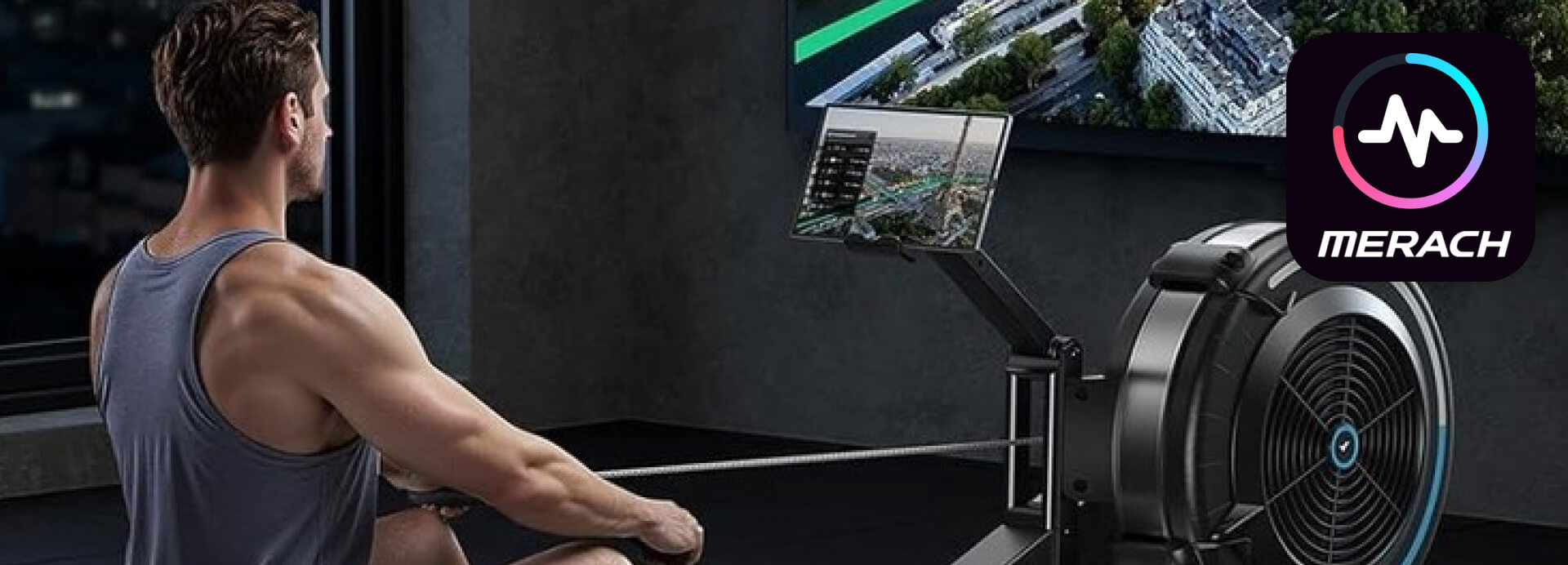 Man rowing with the Merach app.