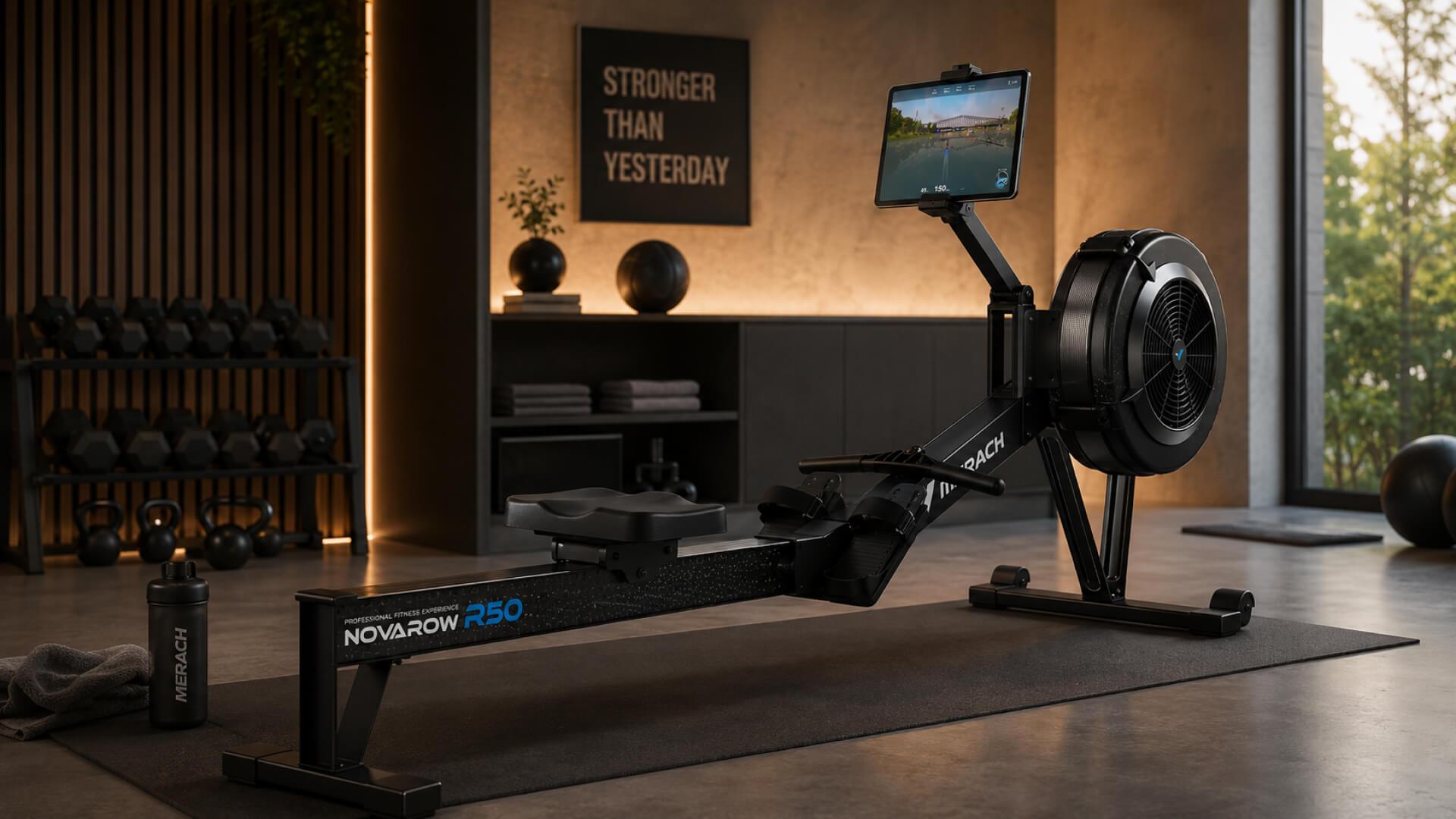 A Merach air rower with the EXR app.