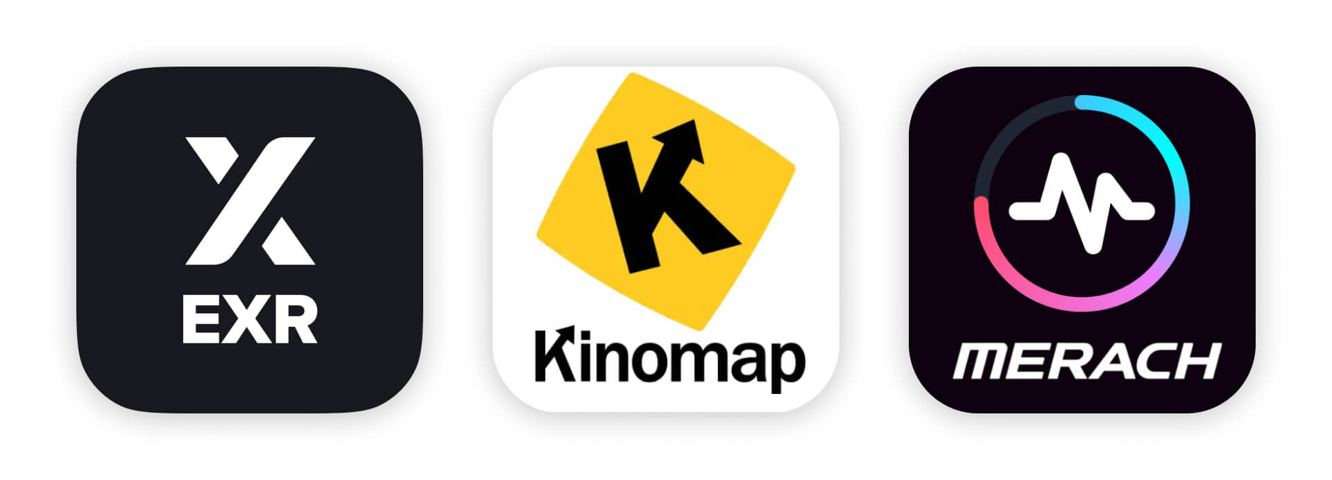 Overview of the apps we compared in this blog. EXR app, Kinomap app and Merach app.