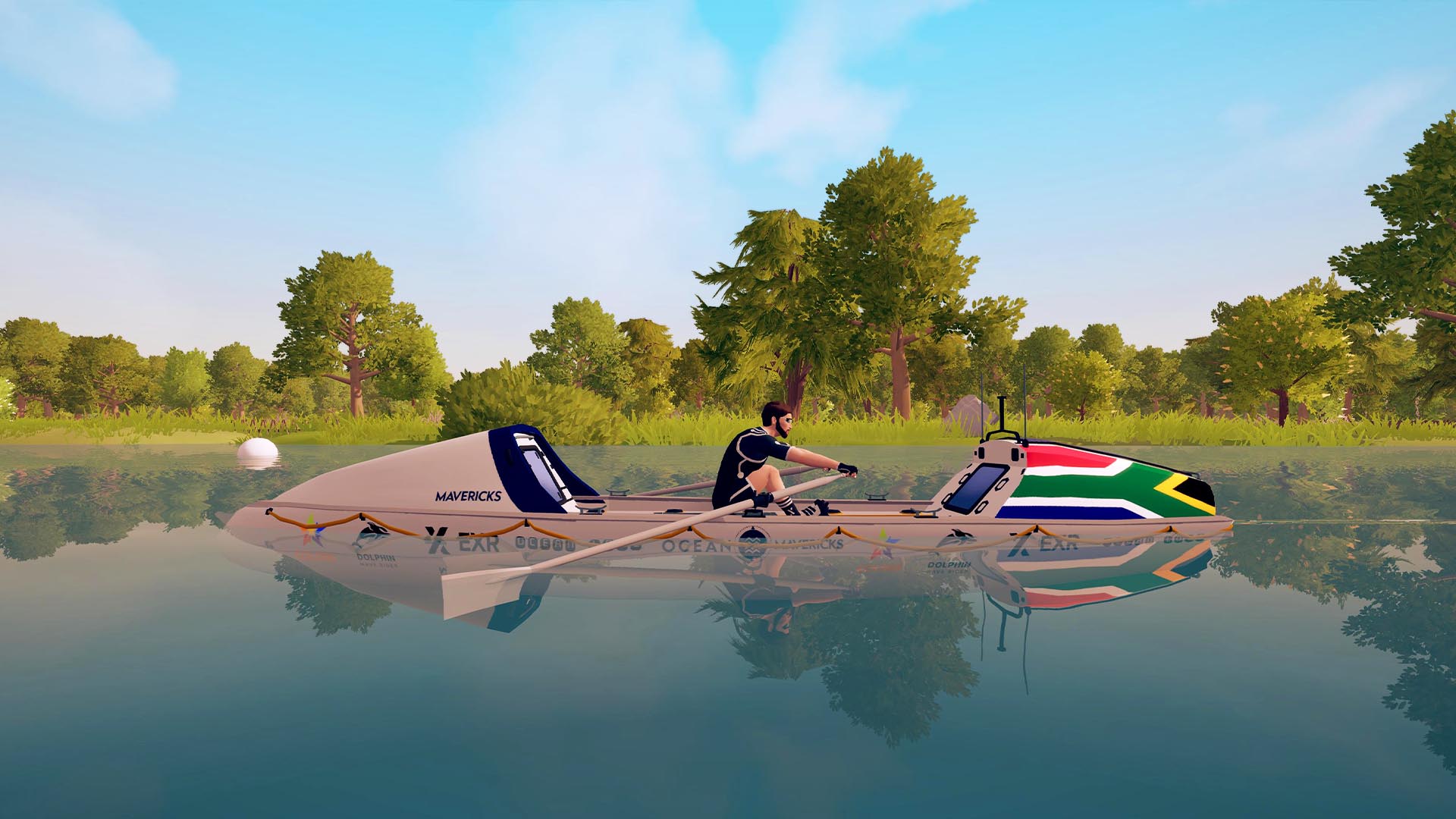 Avatar rowing with the Ocean Rowing boat of the World's Toughest Row in the EXR indoor rowing app.