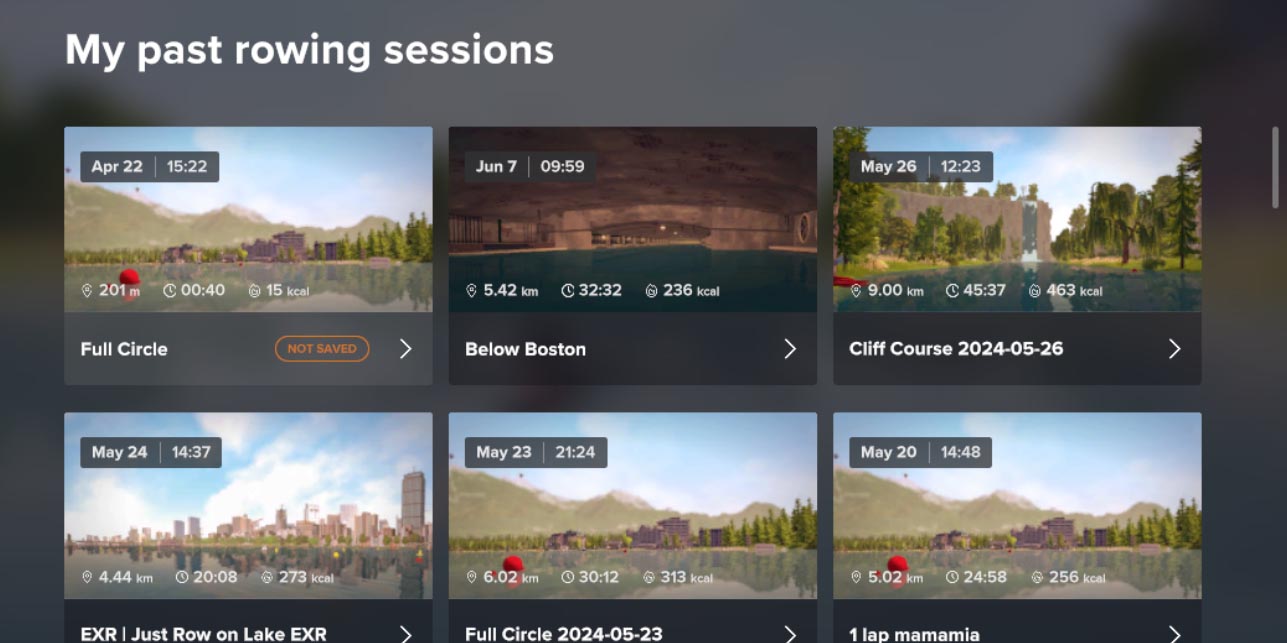 Overview of past rowing sessions in the EXR app.