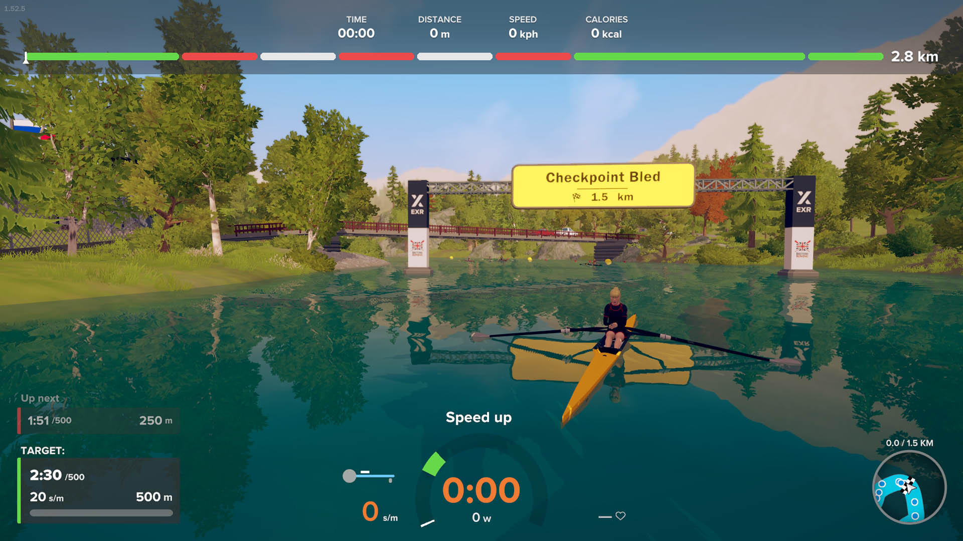 Screenshot of in-app footage showing Rebekah’s avatar in a single at the start of the course with training data displayed.
