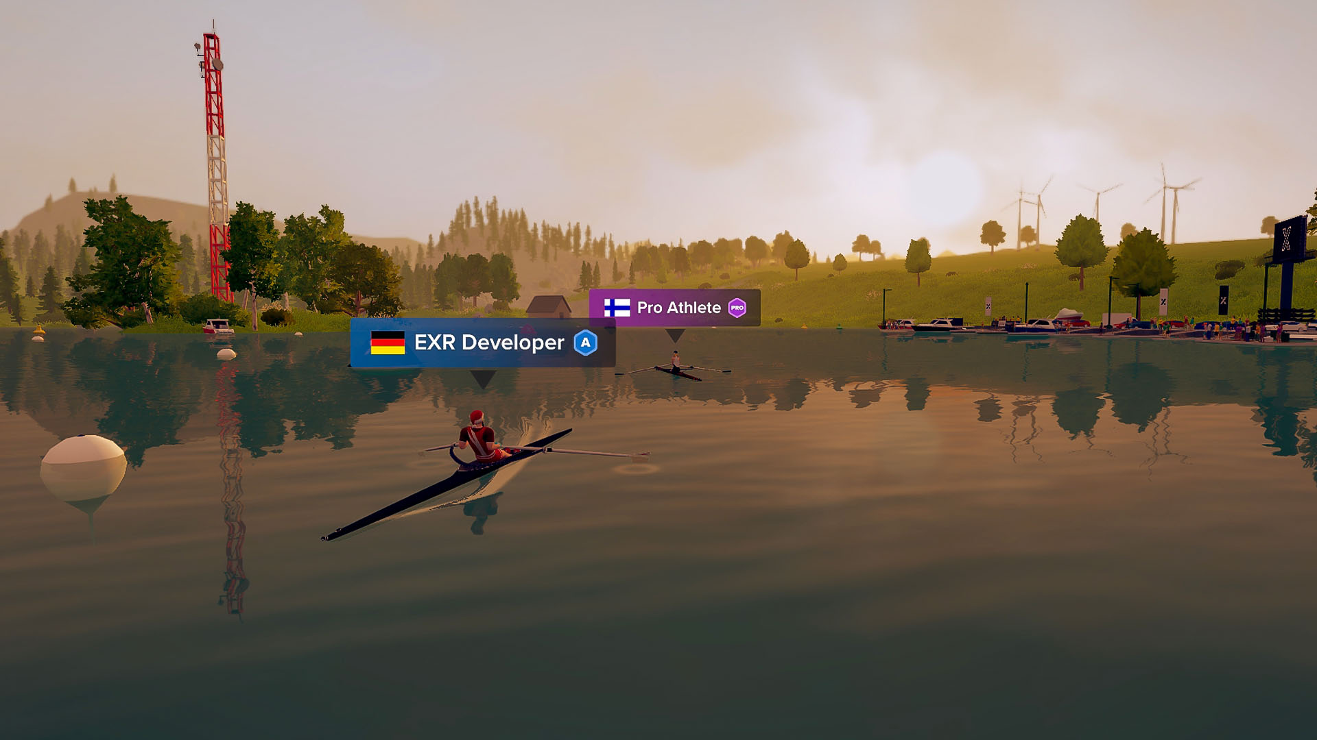 In-game image of two rowers training next to each other showing the new icons in the name cards.