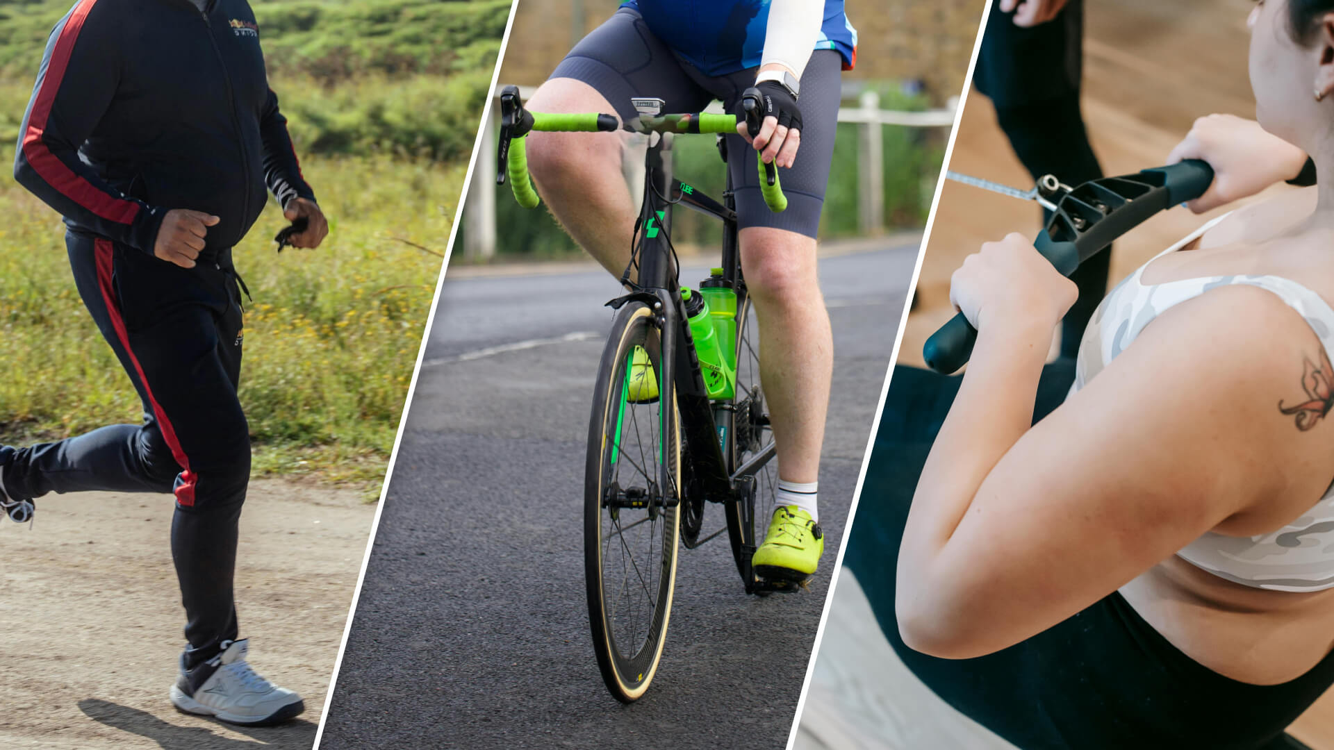 A split-screen comparison showing indoor rowing, cycling, and running as different cardio options for weight loss, highlighting differences in calorie burn, muscle engagement, and joint impact.