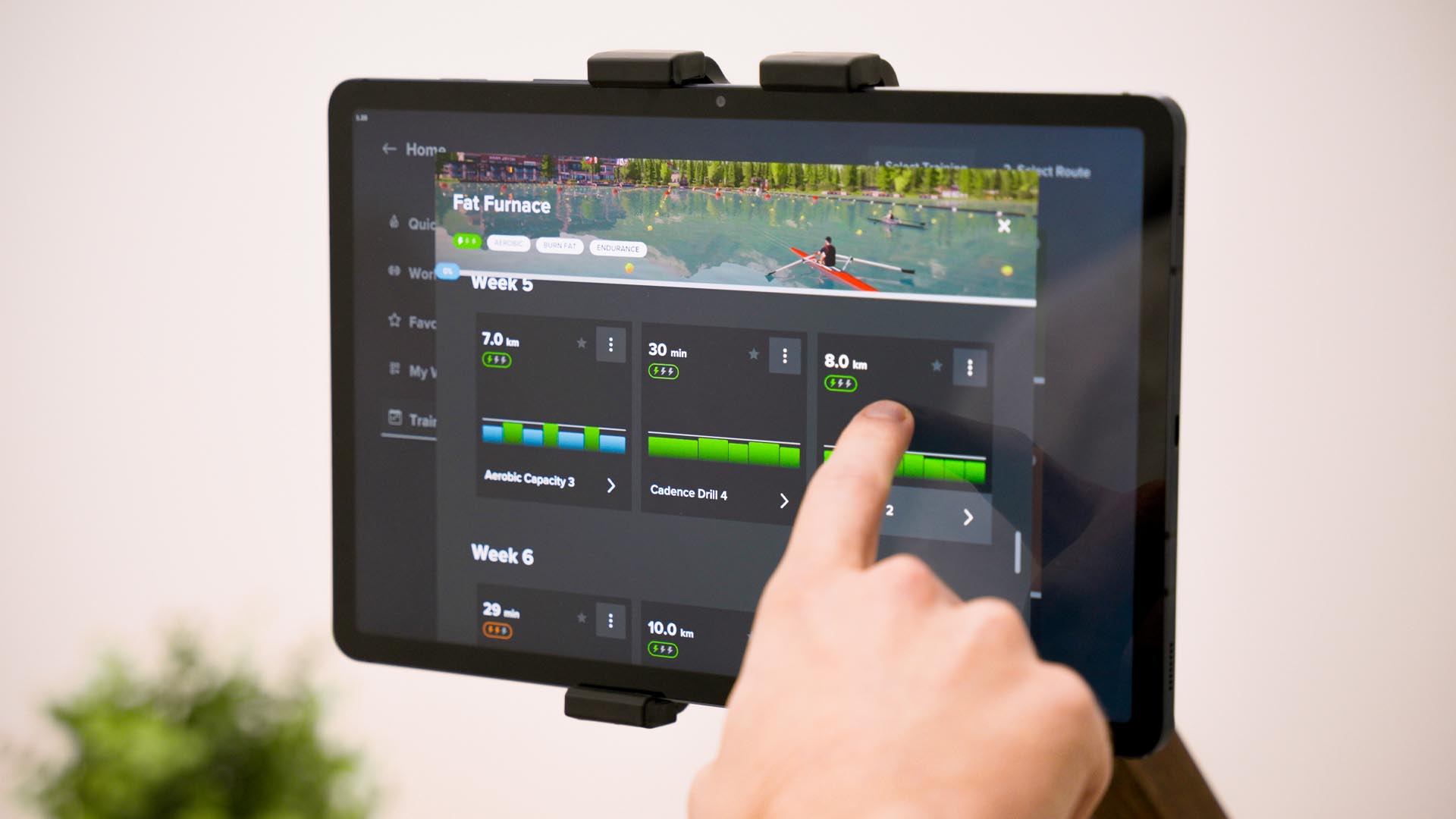 Training Plans shown on a tablet running the indoor rowing app EXR.