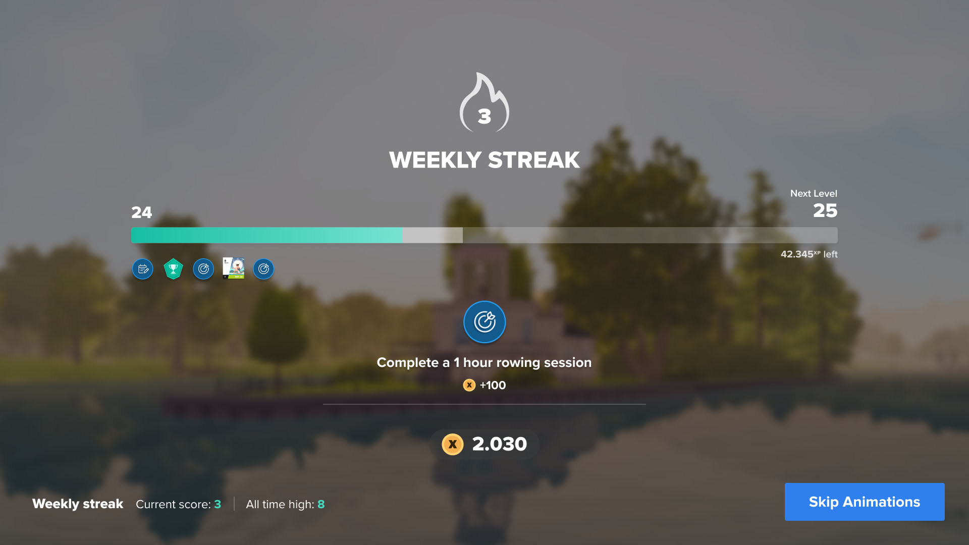 The Session Summary screen in EXR showing weekly progress with the weekly streak.