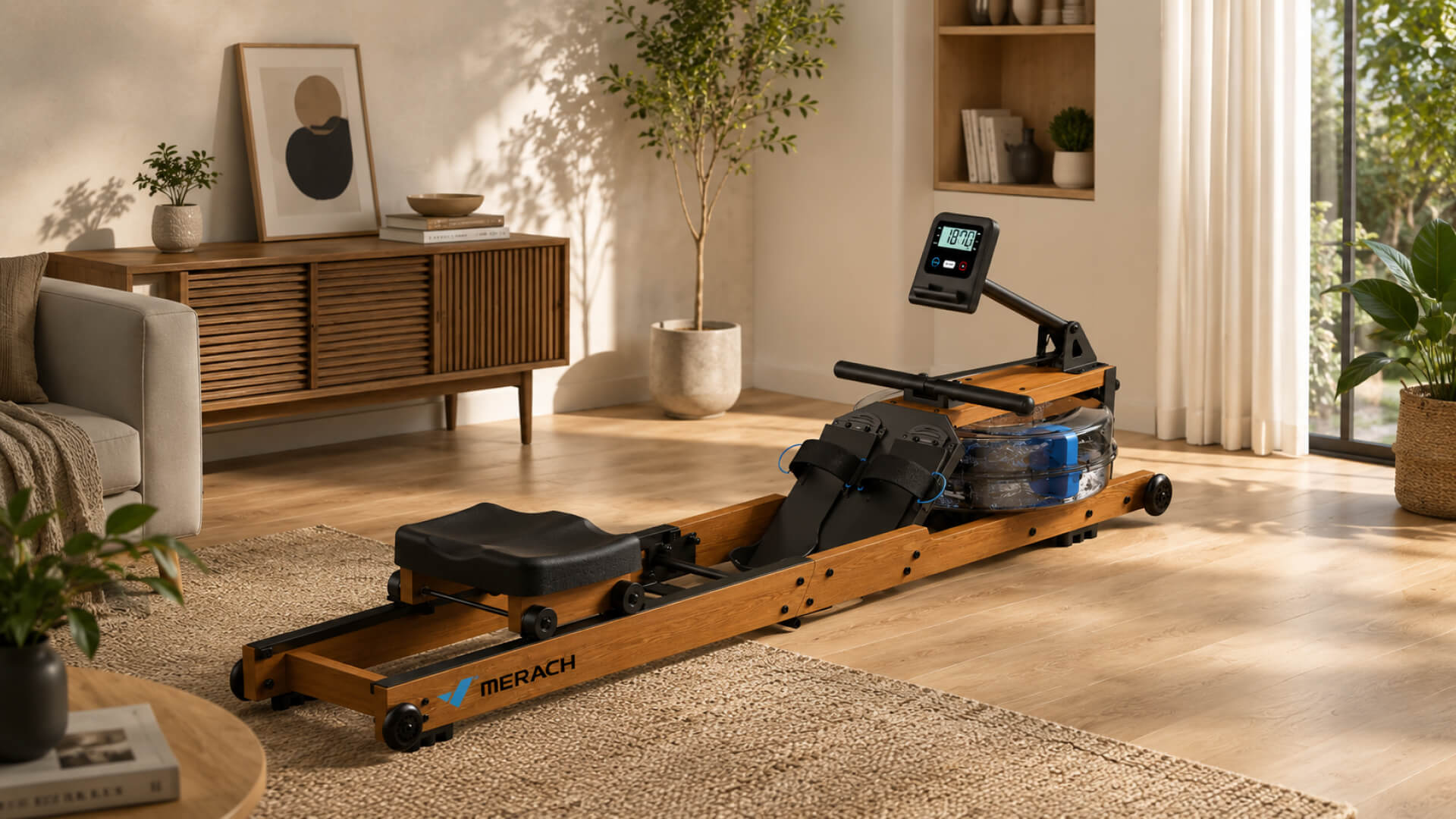 Image of a water Merach rower in a home setting